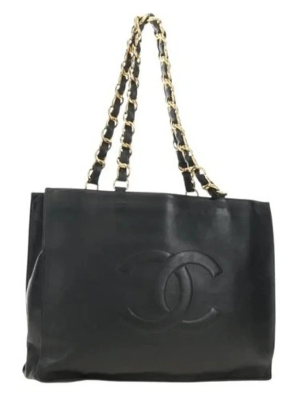 CHANEL Chain Tote Bag Leather Black Gold CC Auth 180487SAV